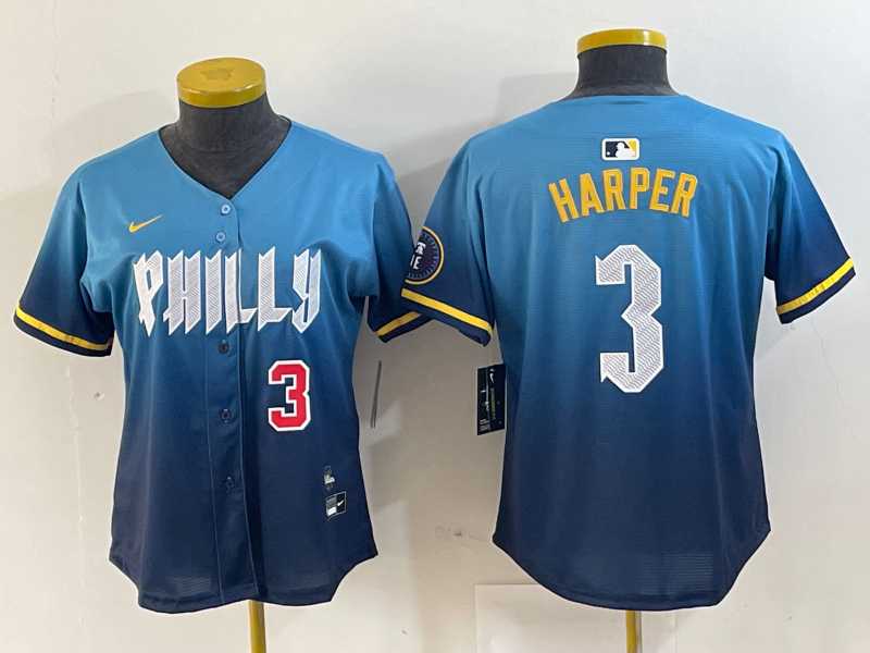Women%27s Philadelphia Phillies #3 Bryce Harper Number Blue 2024 City Connect Limited Stitched Jersey